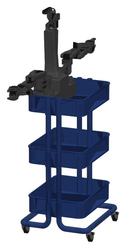 Fully assembled XLeRobot-Pro — dual SO-101 arms and a neck-mounted camera on a three-tier IKEA RÅSKOG cart with omni-wheels